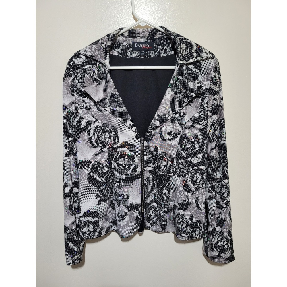 Dusak Designs Zip Jacket‎ Womens Medium Black White Floral Rhinestone